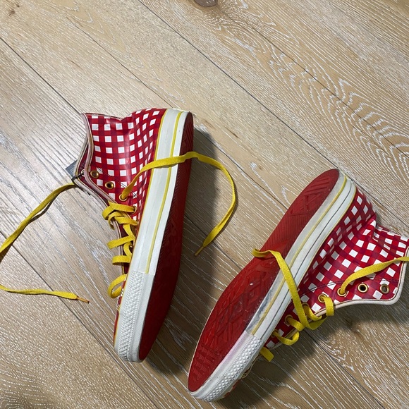 Bacon and egg converses exclusive Red Checkered Kids High-Top Sneakers - Picture 7 of 9